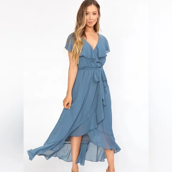 New Show Me Your Mumu Jess Ruffle Slate Blue Chiffon Midi Dress Size S NWT