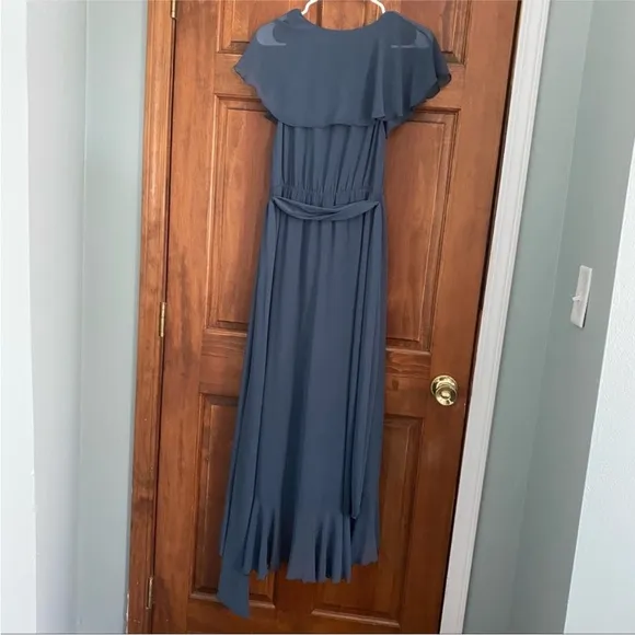 New Show Me Your Mumu Jess Ruffle Slate Blue Chiffon Midi Dress Size S NWT