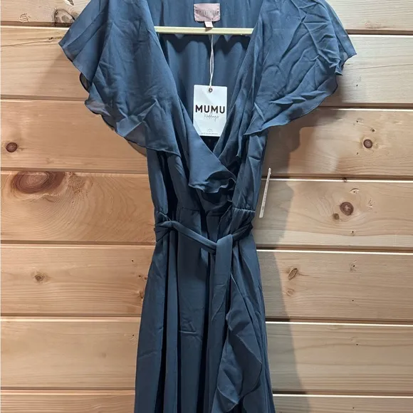 New Show Me Your Mumu Jess Ruffle Slate Blue Chiffon Midi Dress Size S NWT