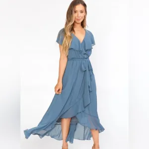 New Show Me Your Mumu Jess Ruffle Slate Blue Chiffon Midi Dress Size S NWT