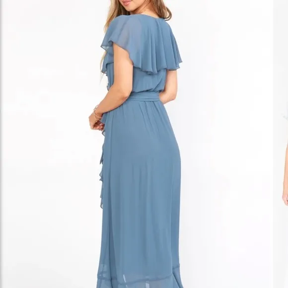 New Show Me Your Mumu Jess Ruffle Slate Blue Chiffon Midi Dress Size S NWT