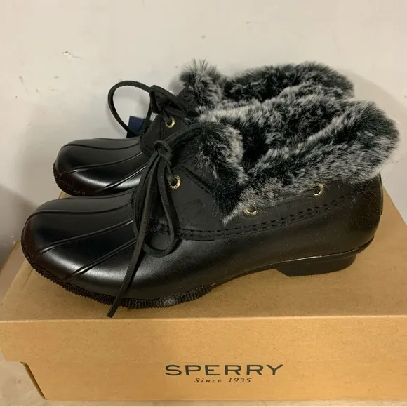 New! Sperry Saltwater 1-Eye Boots Shoes Ran Duck Rubber Fur Black 7.5