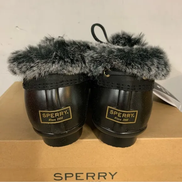 New! Sperry Saltwater 1-Eye Boots Shoes Ran Duck Rubber Fur Black 7.5