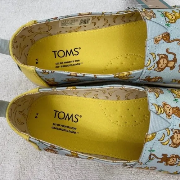 New Toms Shoes Kids Alpargata Blue Monkey Business Print Canvas Size 6 Youth