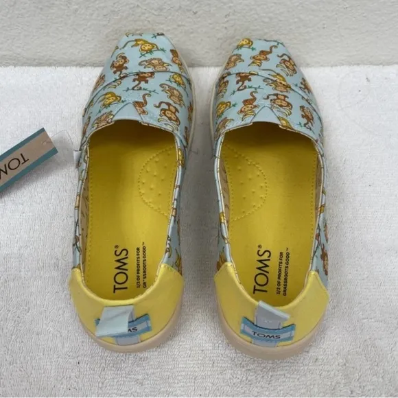 New Toms Shoes Kids Alpargata Blue Monkey Business Print Canvas Size 6 Youth