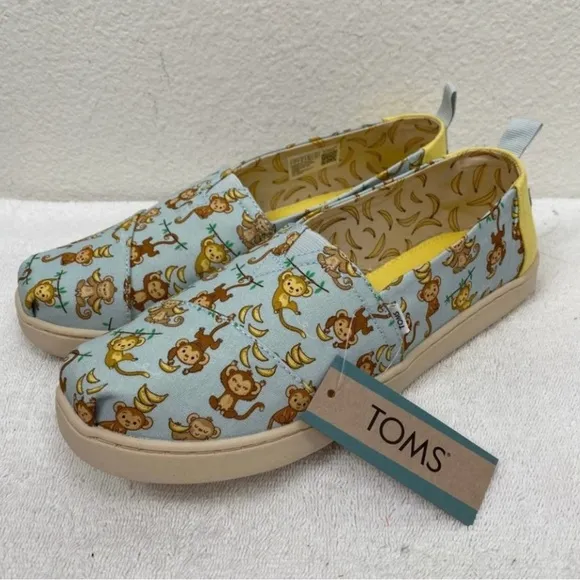 New Toms Shoes Kids Alpargata Blue Monkey Business Print Canvas Size 6 Youth