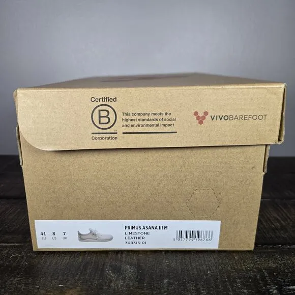 NEW Vivobarefoot Primus Asana III Mens Size 8 Barefoot Sneaker Leather Limestone