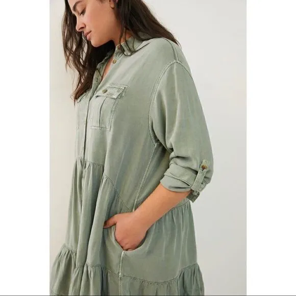 NEW Anthropologie Pilcro Deanne Moss Tiered Mini Button Front Shirtdress Large