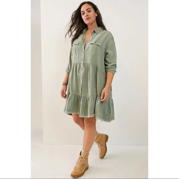 NEW Anthropologie Pilcro Deanne Moss Tiered Mini Button Front Shirtdress Large