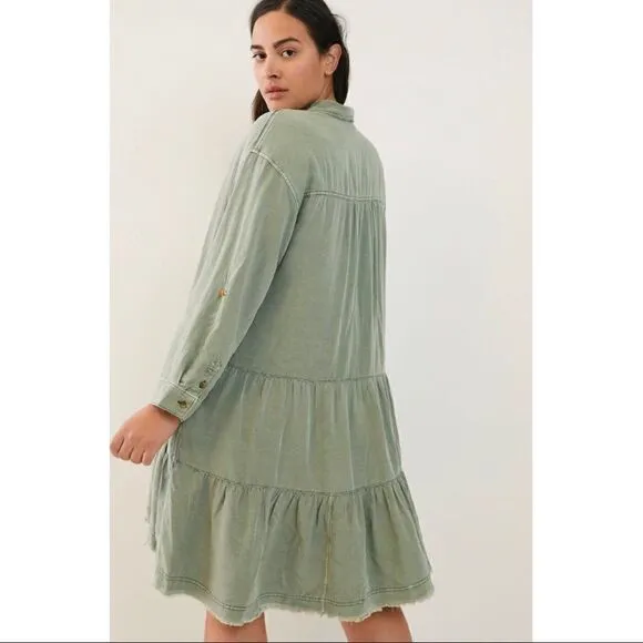 NEW Anthropologie Pilcro Deanne Moss Tiered Mini Button Front Shirtdress Large