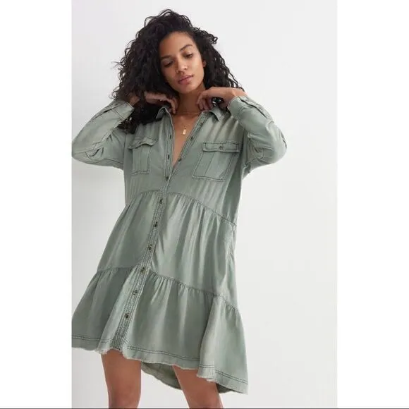NEW Anthropologie Pilcro Deanne Moss Tiered Mini Button Front Shirtdress Large