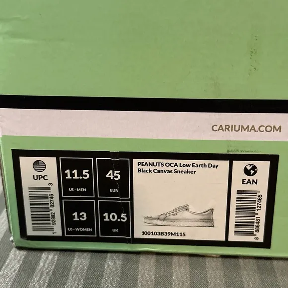 NIB Cariuma W14/M11.5 Peanuts OCA Low Earth Day Black Canvas Sneakers