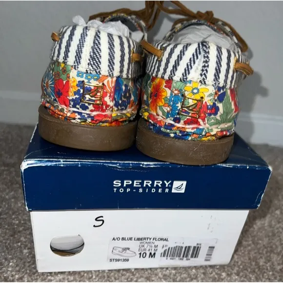 NIB Sperry Top-Sider A/O 2 Eye Original Blue Liberty Floral Stripe Boat Shoes 10