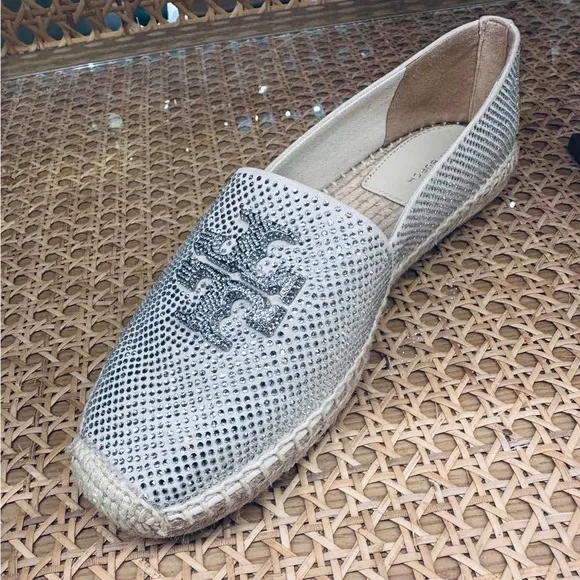 NIB Tory Burch Everly Espadrille Royal Suede Embellished New Cream Sz 8.5
