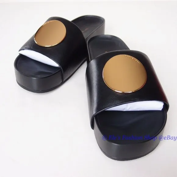 NIB Tory Burch Patos Slide Disk Leather Sandal BLACK US 9.5 AUTHENTIC