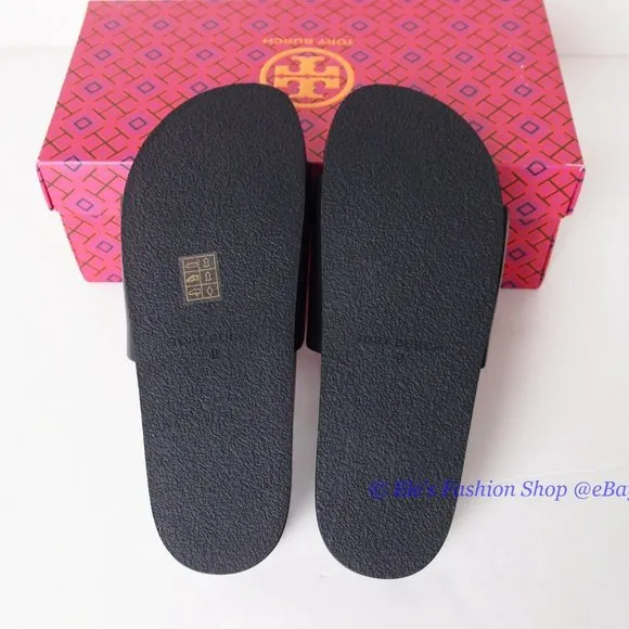 NIB Tory Burch Patos Slide Disk Leather Sandal BLACK US 9.5 AUTHENTIC