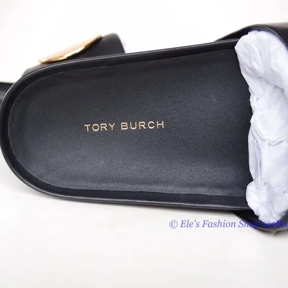 NIB Tory Burch Patos Slide Disk Leather Sandal BLACK US 9.5 AUTHENTIC