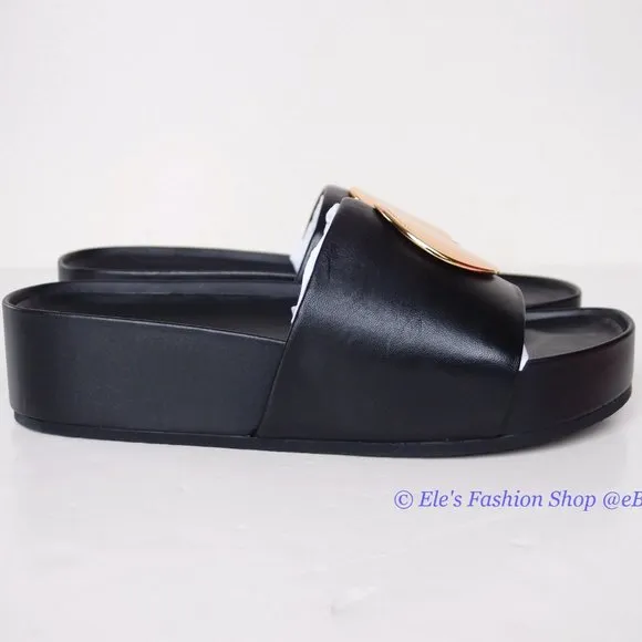NIB Tory Burch Patos Slide Disk Leather Sandal BLACK US 9.5 AUTHENTIC