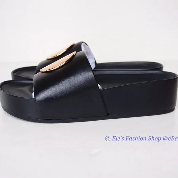 NIB Tory Burch Patos Slide Disk Leather Sandal BLACK US 9.5 AUTHENTIC