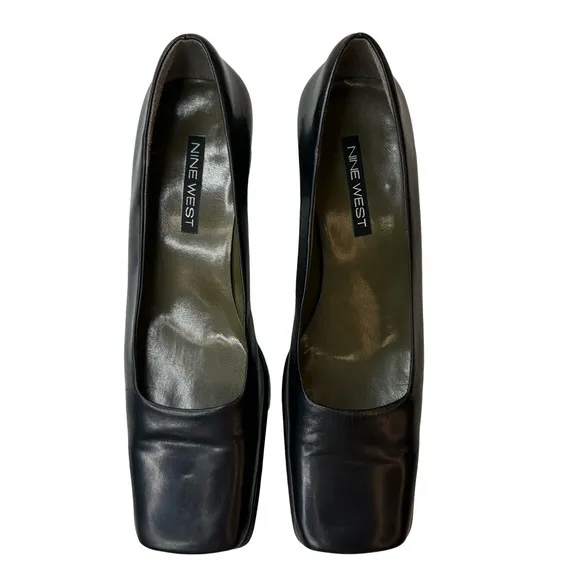 NINE WEST Black Leather Classic Square Toe &amp; Heel Pumps Size 9.5