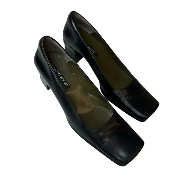 NINE WEST Black Leather Classic Square Toe &amp; Heel Pumps Size 9.5