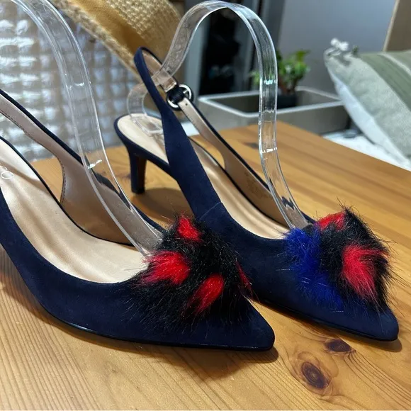 NWB Franco Sarto Women's Suede Damonica Midnight Slingback Shoes Pompom Size 8