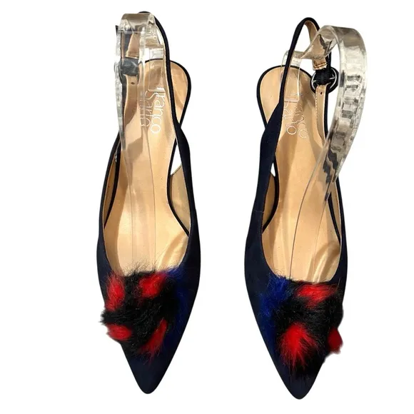 NWB Franco Sarto Women's Suede Damonica Midnight Slingback Shoes Pompom Size 8