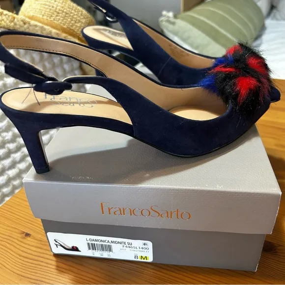 NWB Franco Sarto Women's Suede Damonica Midnight Slingback Shoes Pompom Size 8