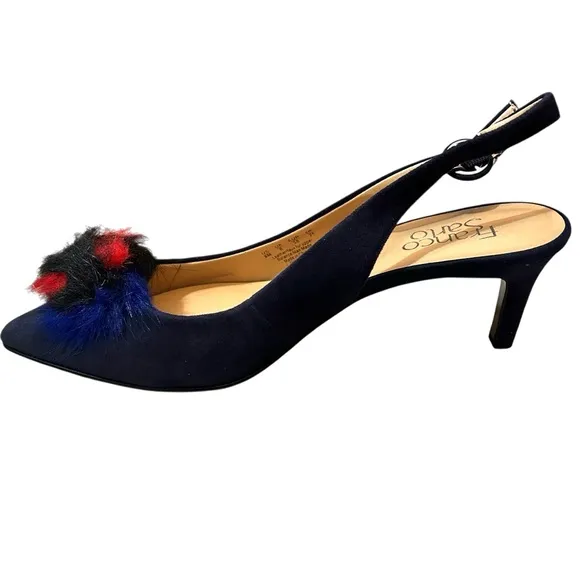 NWB Franco Sarto Women's Suede Damonica Midnight Slingback Shoes Pompom Size 8