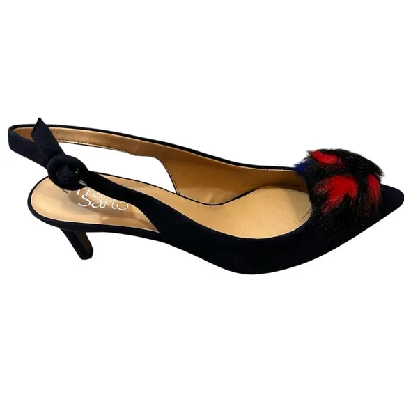 NWB Franco Sarto Women's Suede Damonica Midnight Slingback Shoes Pompom Size 8