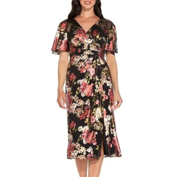 NWT Adrianna Papell Floral Metallic Foiled Print Draped Fit &amp; Flare Midi Dress