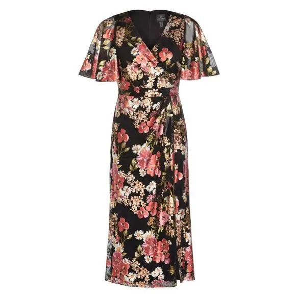 NWT Adrianna Papell Floral Metallic Foiled Print Draped Fit &amp; Flare Midi Dress