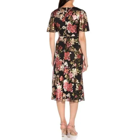 NWT Adrianna Papell Floral Metallic Foiled Print Draped Fit &amp; Flare Midi Dress