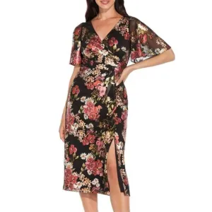 NWT Adrianna Papell Floral Metallic Foiled Print Draped Fit &amp; Flare Midi Dress
