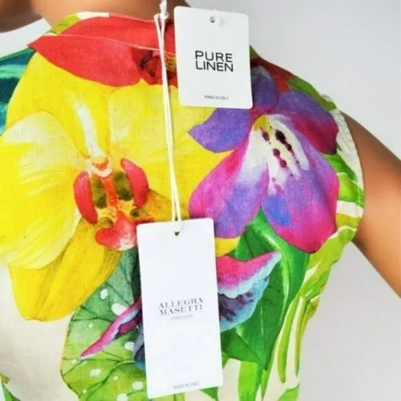NWT Allegra Masetti Italy Linen Tropical Floral Print Midi Shirt Dress