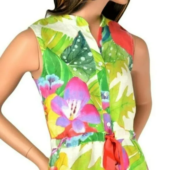 NWT Allegra Masetti Italy Linen Tropical Floral Print Midi Shirt Dress