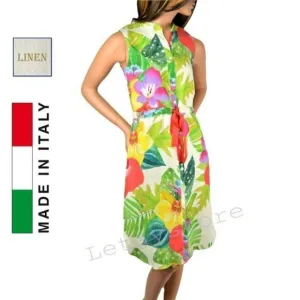 NWT Allegra Masetti Italy Linen Tropical Floral Print Midi Shirt Dress