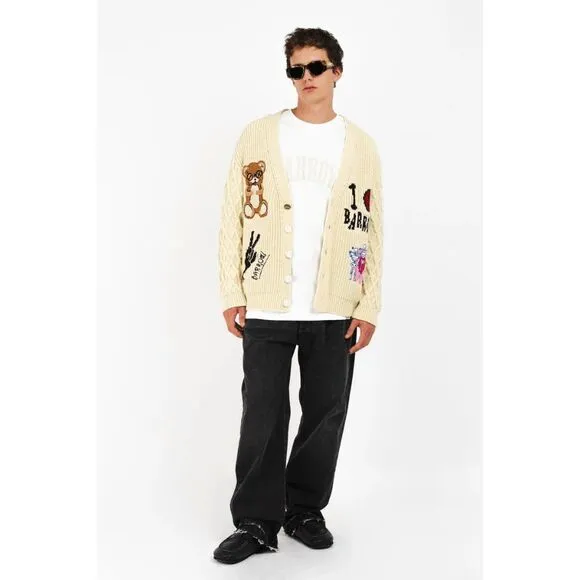 NWT Barrow Button Front Wool Blend Peace Patchy Vneck Cardigan Medium $391