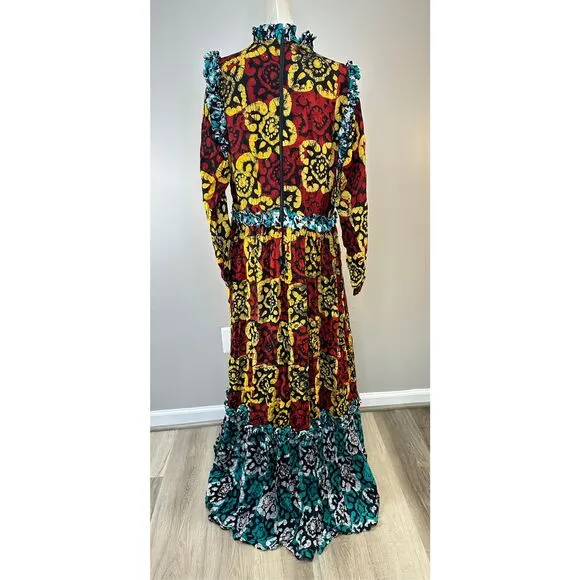 NWT Busayo Long Sleeve Hand Dyed Ruffle Bidema Batik Maxi Dress Large $595