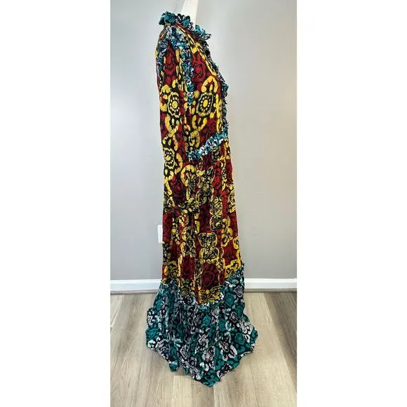 NWT Busayo Long Sleeve Hand Dyed Ruffle Bidema Batik Maxi Dress Large $595
