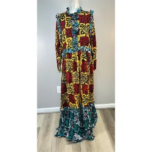 NWT Busayo Long Sleeve Hand Dyed Ruffle Bidema Batik Maxi Dress Large $595