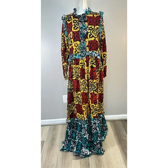 NWT Busayo Long Sleeve Hand Dyed Ruffle Bidema Batik Maxi Dress Large $595