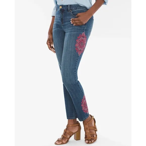 NWT Chico's So Slimming Girlfriend Ankle Jeans Sz 1.5 (US 10) Embroidered Boho