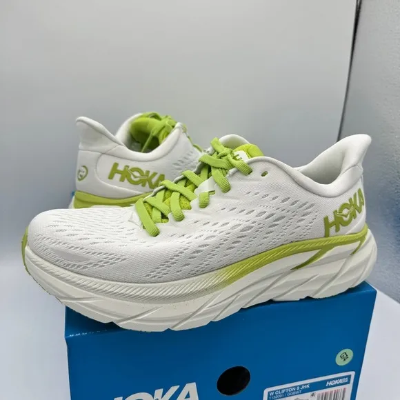NWT Clifton 8 Hoka One One Running shoes brand new white lime green womens HJK