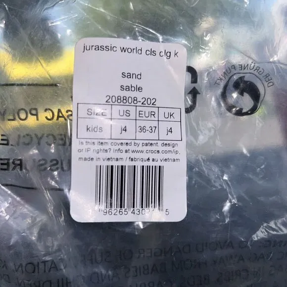 NWT Crocs Kids Size 4 Jurassic World Classic Clog - Bone Jurassic Park Dinosaurs