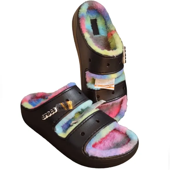 NWT Crocs M13 Classic Cozzzy Spray Dye Sandal Rainbow Faux Fur Lined Slide Shoes