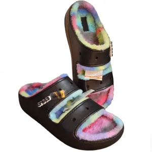 NWT Crocs M13 Classic Cozzzy Spray Dye Sandal Rainbow Faux Fur Lined Slide Shoes