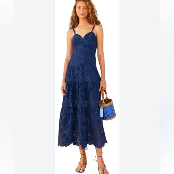 NWT Farm Rio Palm Tree Richelieu Dress Blue Large