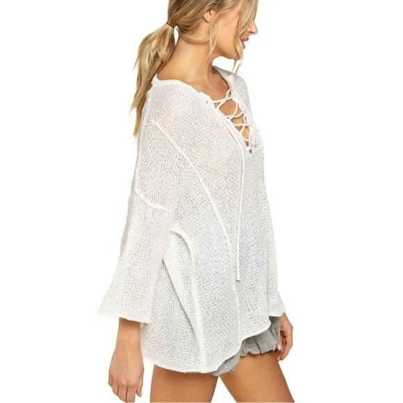NWT POL Women's Lace-up V-Neck Raw Edge Lightweight Knit Tunic Top Sweater