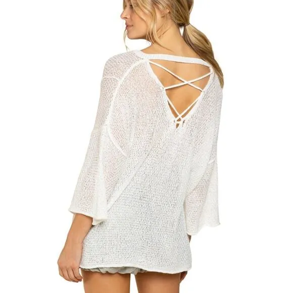 NWT POL Women's Lace-up V-Neck Raw Edge Lightweight Knit Tunic Top Sweater